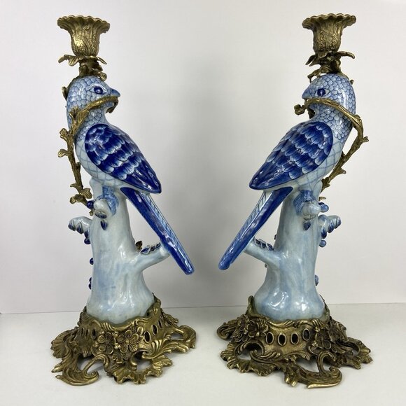Pair of Vtg Porcelain & Brass ? Ormolu 14” Candlestick Holders Blue Bird Parrot - Picture 7 of 15